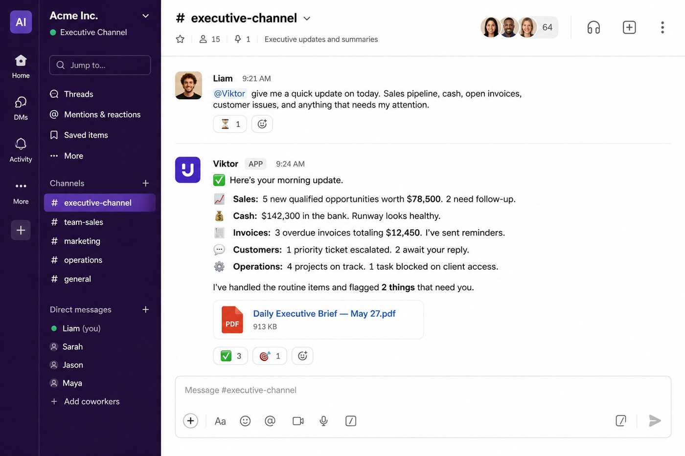 A Slack executive channel conversation showing an AI coworker providing an executive business brief with sales, cash, invoices, customers, and operations updates